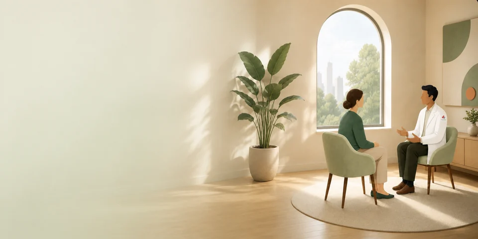 An illustrated patient and physician having a calm conversation in a bright clinic